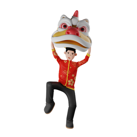 Menino chinês fazendo dança do leão  3D Illustration
