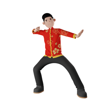Menino Chinês Fazendo Kungfu  3D Illustration