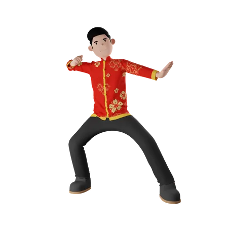 Menino Chinês Fazendo Kungfu  3D Illustration