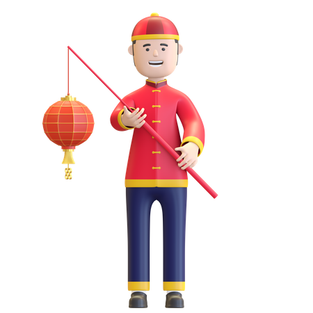 Menino chinês segurando uma lanterna chinesa  3D Illustration