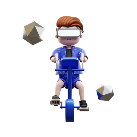 Menino andando de bicicleta usando o metaverso  3D Illustration