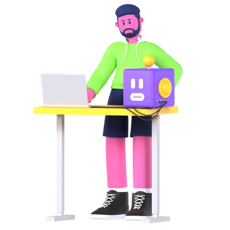 Menino com robô ai  3D Illustration