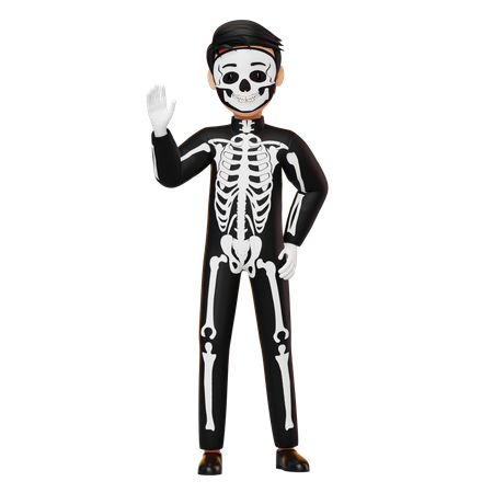 Menino fantasiado de esqueleto acenando com a mão  3D Illustration