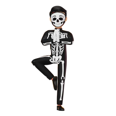 Menino fantasiado de esqueleto fazendo ioga  3D Illustration