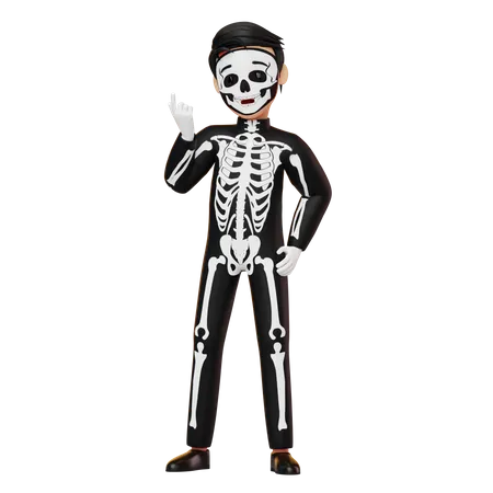 Menino fantasiado de esqueleto mostrando algo  3D Illustration