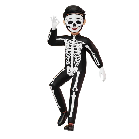 Menino fantasiado de esqueleto mostrando-se bonito  3D Illustration