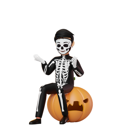 Menino fantasiado de esqueleto sentado em uma abóbora  3D Illustration