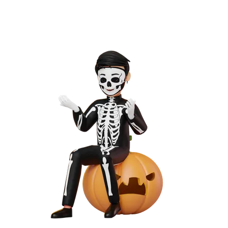 Menino fantasiado de esqueleto sentado em uma abóbora  3D Illustration
