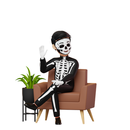 Menino fantasiado de esqueleto sentado no sofá  3D Illustration