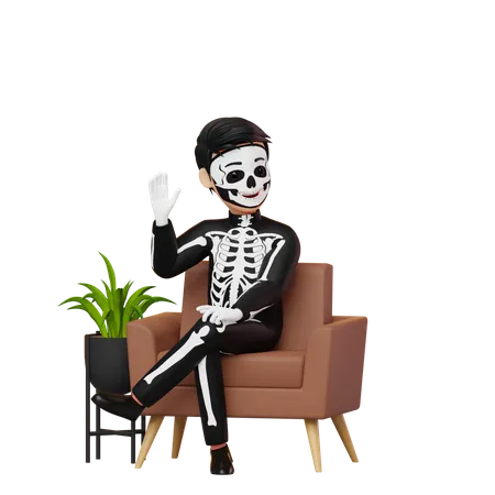 Menino fantasiado de esqueleto sentado no sofá  3D Illustration