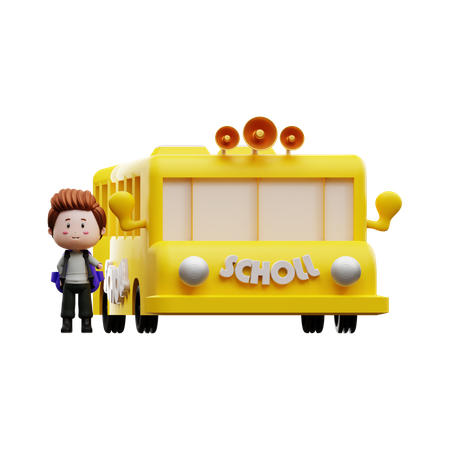 Menino com ônibus escolar  3D Illustration