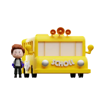 Menino com ônibus escolar  3D Illustration