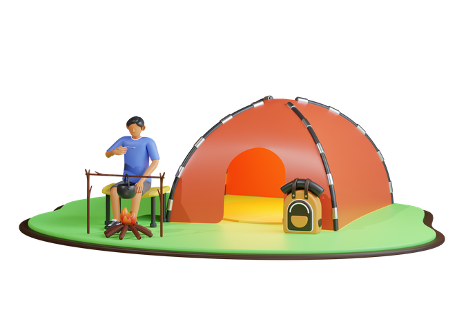 Menino cozinhando comida no acampamento  3D Illustration