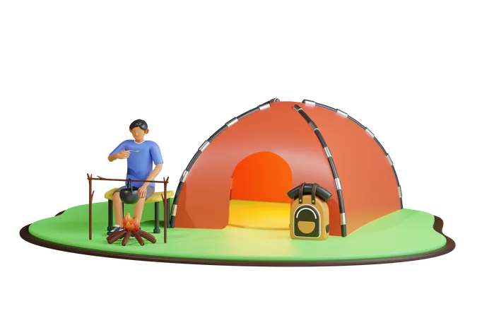 Menino cozinhando comida no acampamento  3D Illustration