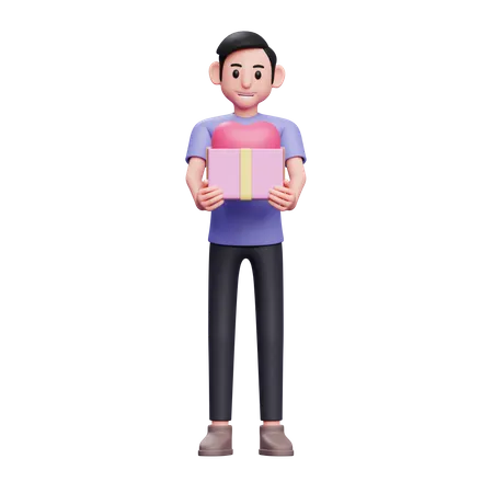 Menino Da Uma Caixa De Presente Que Esta Aberta E Contem Um Coracao Rosa Menino Com Ilustracao De Personagem 3 D De Presente 3D Illustration