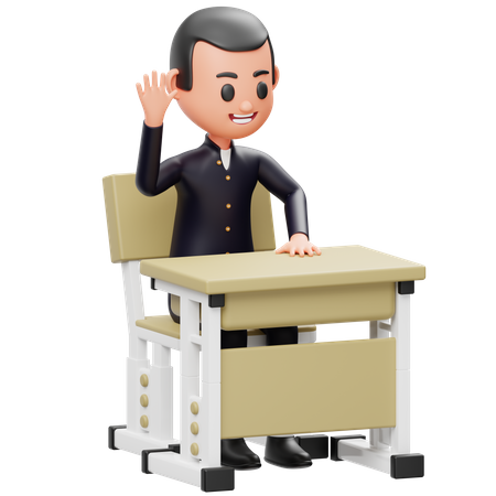 Menino de escola sentado e levantando a mão  3D Icon
