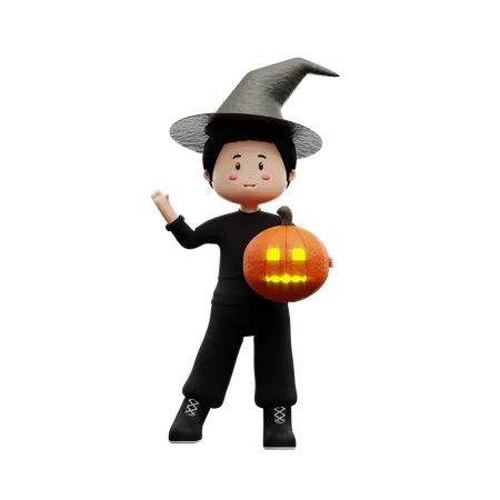 Menino de halloween com abóbora  3D Illustration