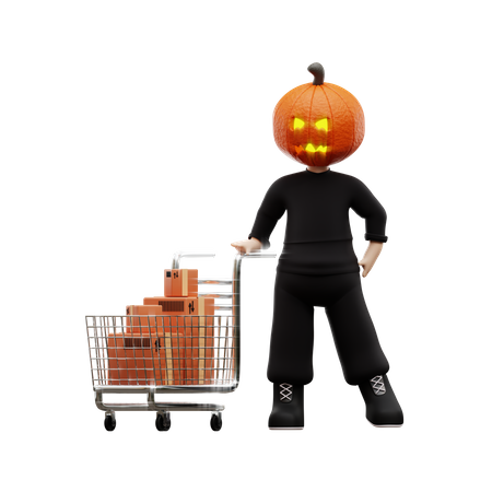 Menino de Halloween com carrinho de compras  3D Illustration
