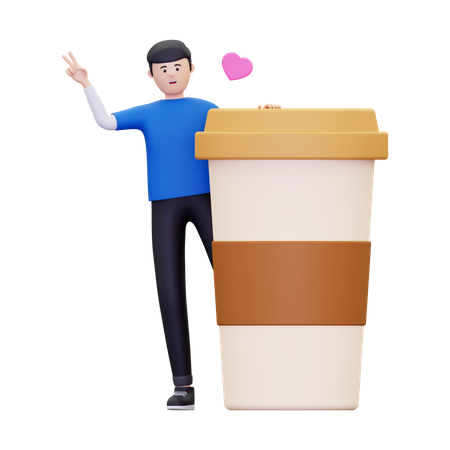 Menino parado ao lado de uma xícara de café  3D Illustration
