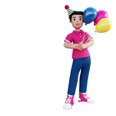 Menino de pé com balões coloridos  3D Illustration