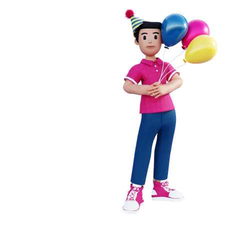 Menino de pé com balões coloridos  3D Illustration