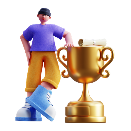 Menino de pé com taça de troféu  3D Illustration