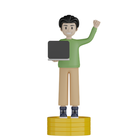 Menino de pé sobre moedas e segurando laptop  3D Illustration