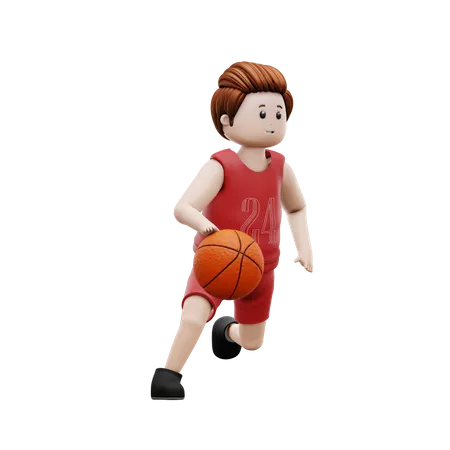 Menino driblando basquete e correndo  3D Illustration