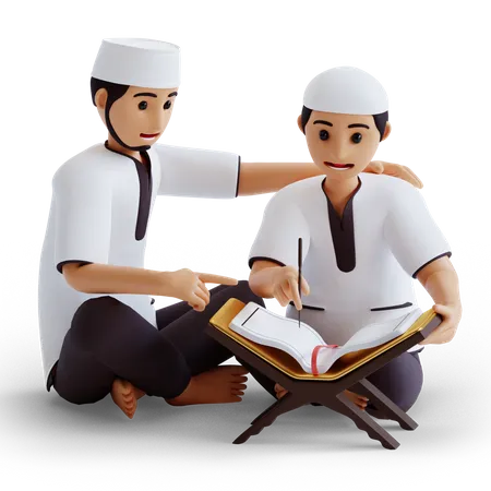 Menino e pai lendo o Alcorão  3D Illustration