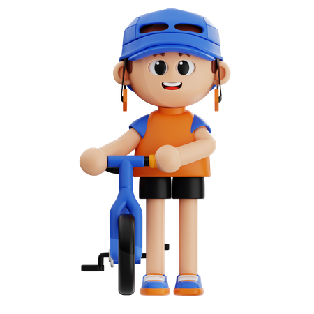 Menino empurrando bicicleta  3D Illustration