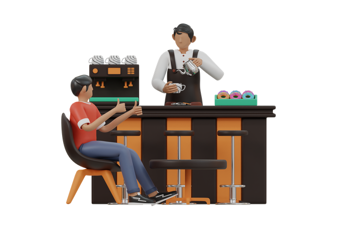 Menino esperando café no café  3D Illustration