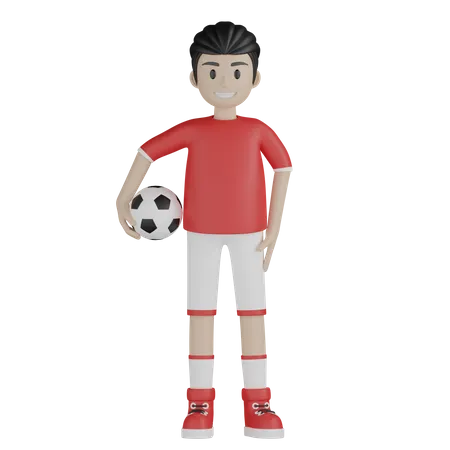 Menino do esporte em pé e segurando futebol  3D Illustration