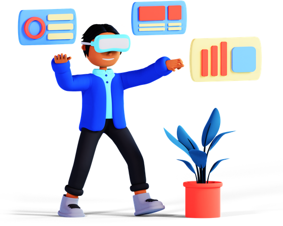 Menino está analisando gráficos de negócios usando óculos VR  3D Illustration