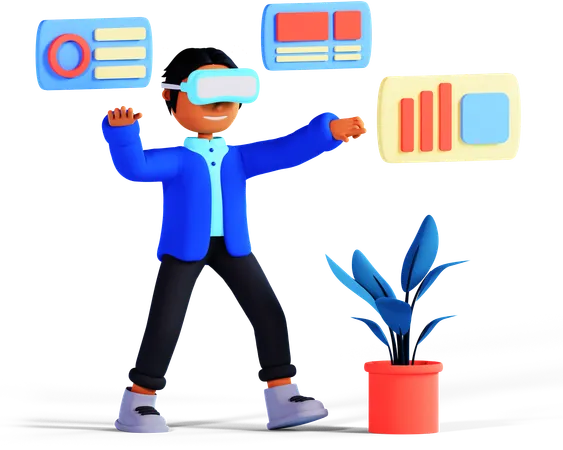 Menino está analisando gráficos de negócios usando óculos VR  3D Illustration