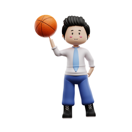 Menino estudante girando basquete  3D Illustration