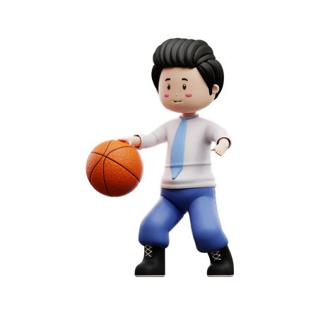 Menino estudante driblando basquete  3D Illustration