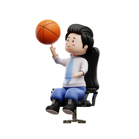 Menino estudante girando basquete na cadeira  3D Illustration