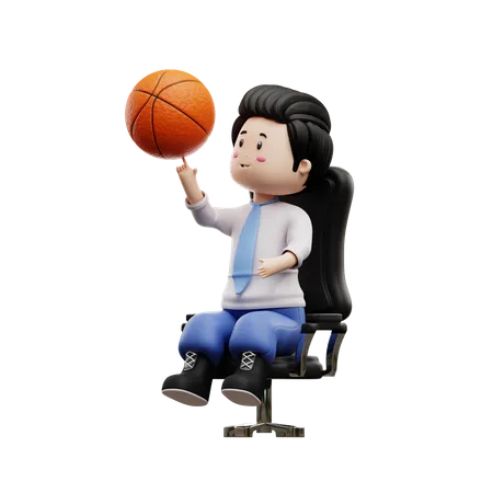 Menino estudante girando basquete na cadeira  3D Illustration