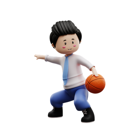 Menino estudante jogando basquete  3D Illustration