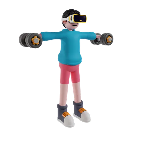 Menino fazendo ginástica usando tecnologia VR  3D Illustration