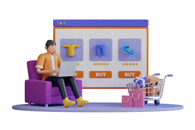 Garoto fazendo compras on-line  3D Illustration