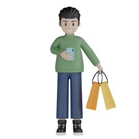 Garoto feliz em pé com sacolas de compras  3D Illustration