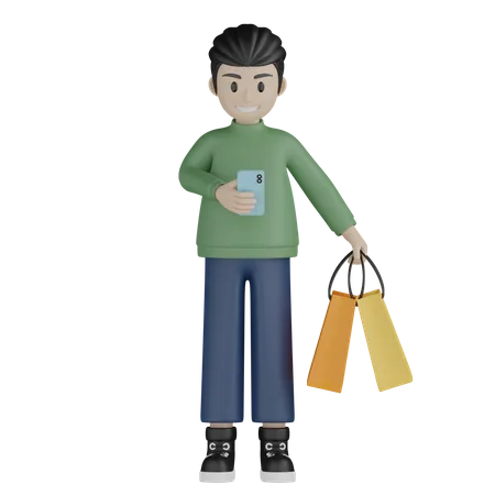 Garoto feliz em pé com sacolas de compras  3D Illustration