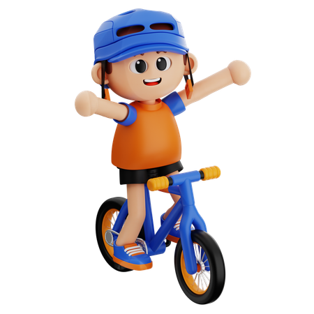 Menino feliz enquanto anda de bicicleta com as mãos abertas  3D Illustration