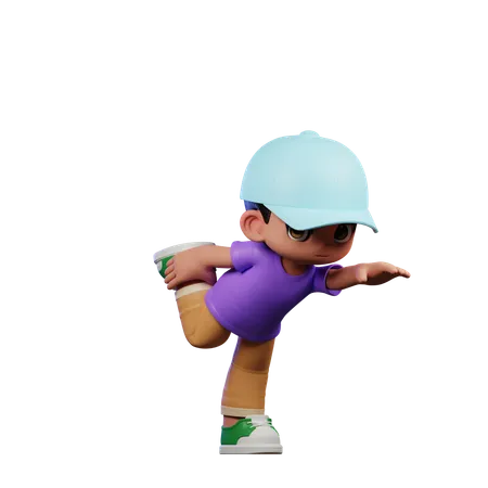 Menino fofo fazendo pose de uma perna em pé  3D Illustration