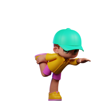 Menino fofo fazendo pose de uma perna em pé  3D Illustration