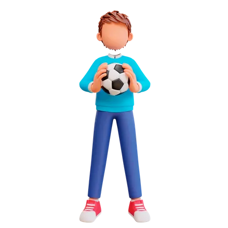 Garoto fofo segurando futebol  3D Illustration