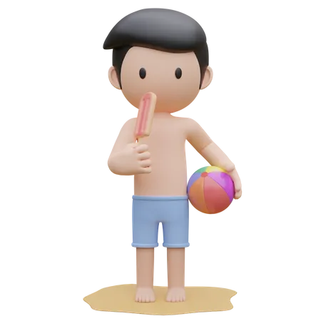 Garoto bonito segurando o sorvete e a bola de praia na praia no verão  3D Illustration