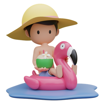 Garoto bonito sentado no anel de borracha Flamingo no verão  3D Illustration