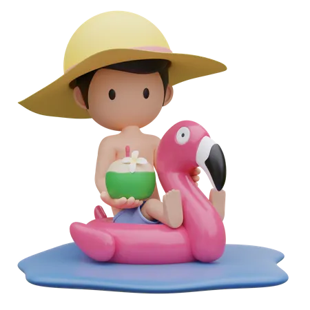 Garoto bonito sentado no anel de borracha Flamingo no verão  3D Illustration